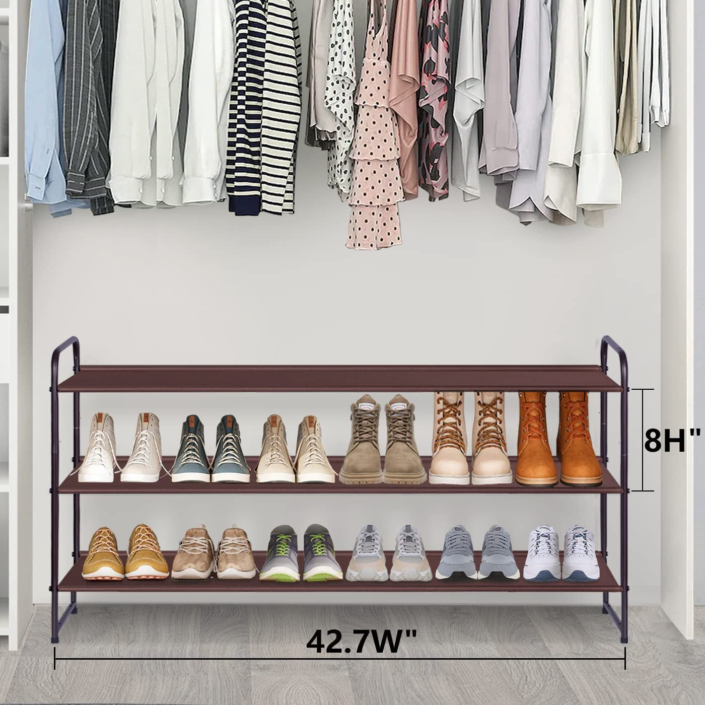 3-Tier Long Shoe Rack for Closet Stackable Wide Shoe Shelf Organizer and Storage for Floor, Entryway (Bronze)