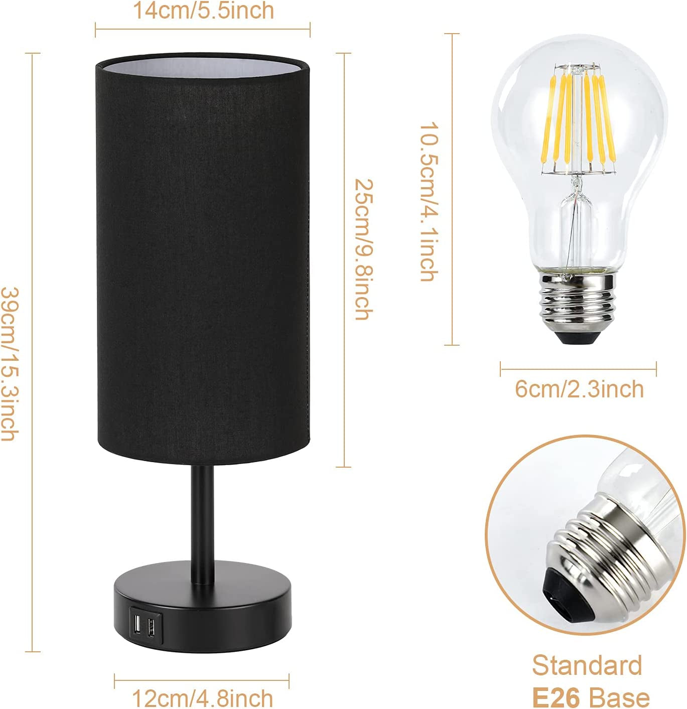 Bedside Lamp with USB Port - Touch Control Table Lamp for Bedroom 3 Way Dimmable Nightstand Lamp with round Black Fabric Shade for Living Room, Dorm, Home Office (LED Bulb Included)