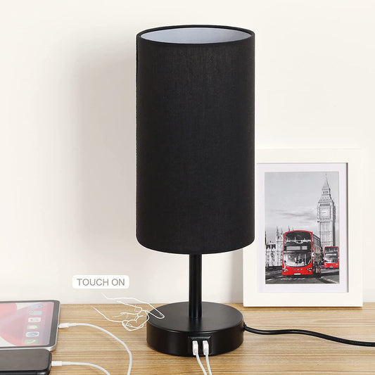 Bedside Lamp with USB Port - Touch Control Table Lamp for Bedroom 3 Way Dimmable Nightstand Lamp with round Black Fabric Shade for Living Room, Dorm, Home Office (LED Bulb Included)