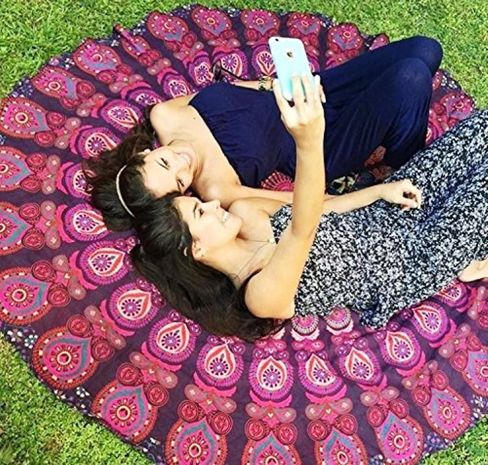 round Beach Tapestry Purple Mandala Throw/Boho Hippie Beach Blanket Roundie/Indian Cotton Bohemian Large round Table Cloth-Home Decor/Yoga Mat Meditation Picnic Rug 69 Inch