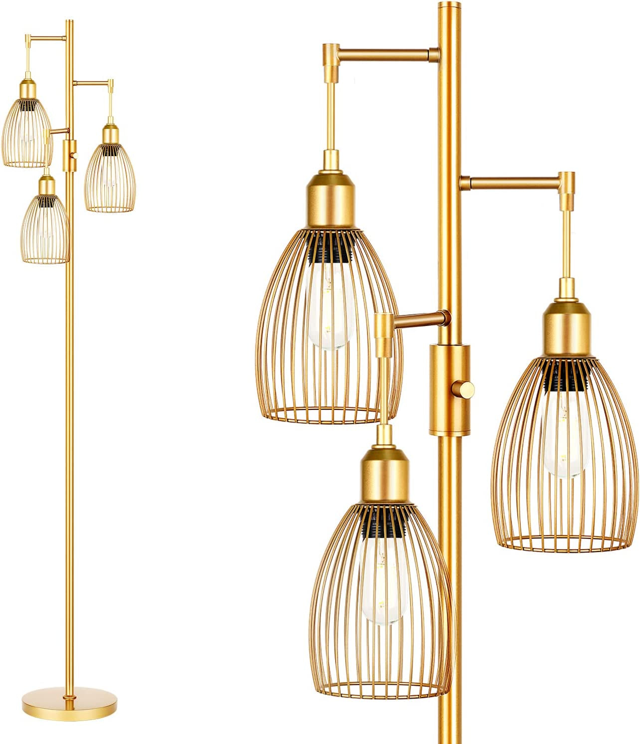 Dimmable Floor Lamp, Industrial Floor Lamps for Living Room, Gold Tree Lamp Standing Lamp Tall Lamps with 3 Elegant Teardrop Cage Head & 800 Lumens LED Bulbs for Living Room Bedroom Office