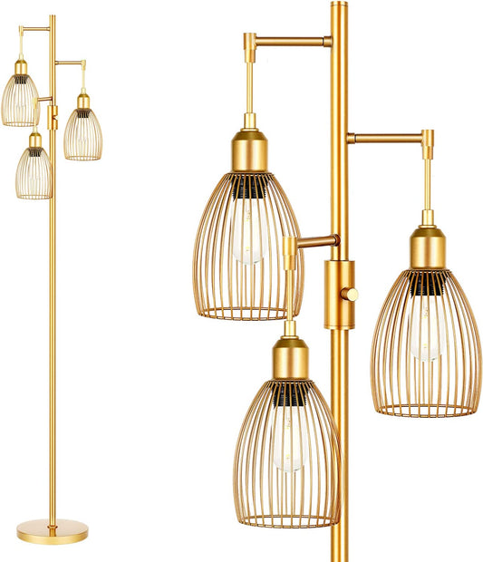 Dimmable Floor Lamp, Industrial Floor Lamps for Living Room, Gold Tree Lamp Standing Lamp Tall Lamps with 3 Elegant Teardrop Cage Head & 800 Lumens LED Bulbs for Living Room Bedroom Office