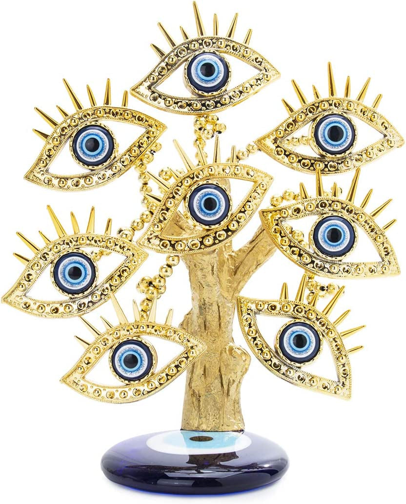 Golden Turkish Evil Eyes Tree with Blue Evil Eye Base for Home Decor Luck Gift