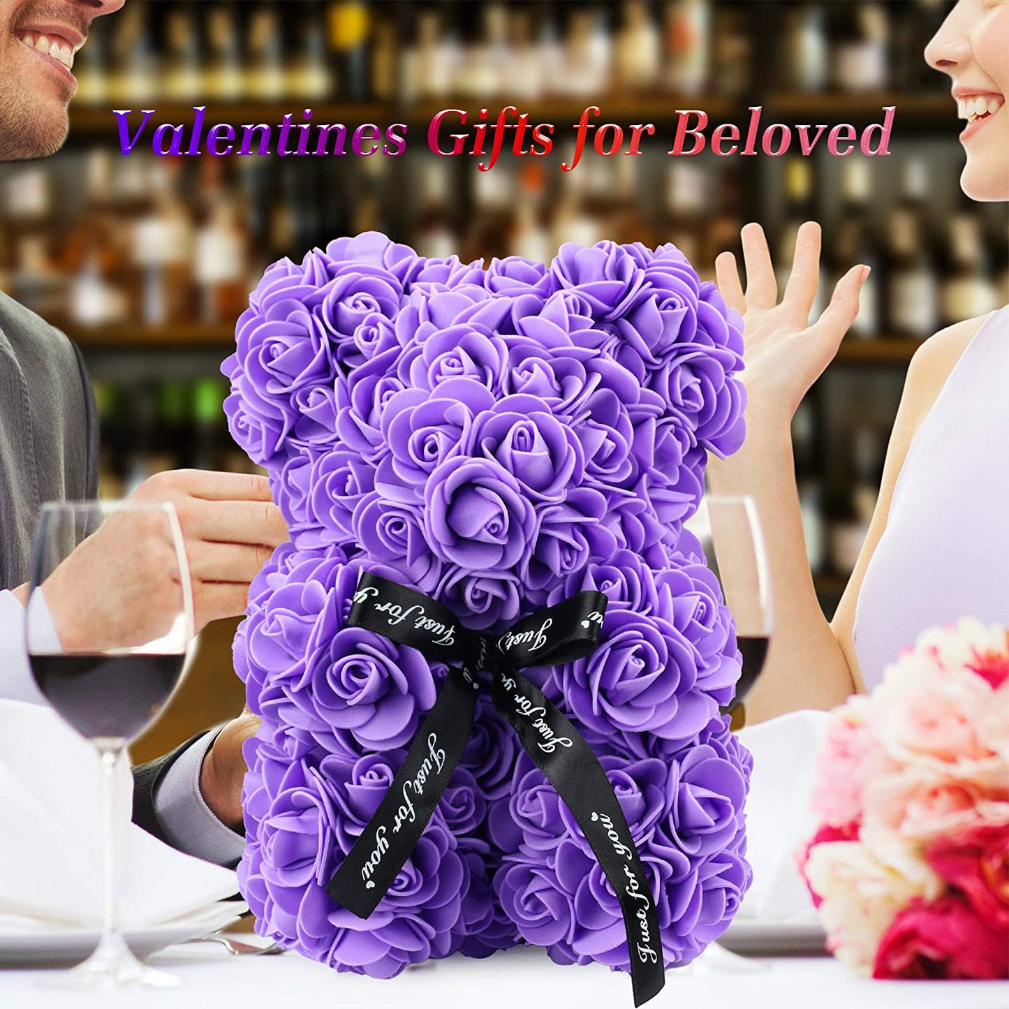 Artificial Flowers Bear for Anyone Love,Flower Gift for Her,Artificial Flowers Forever Bear,Romantic Gift for Her,Valentines,Mother,Anniversary, Birthday ,Wedding,Unique Clear Gift Box