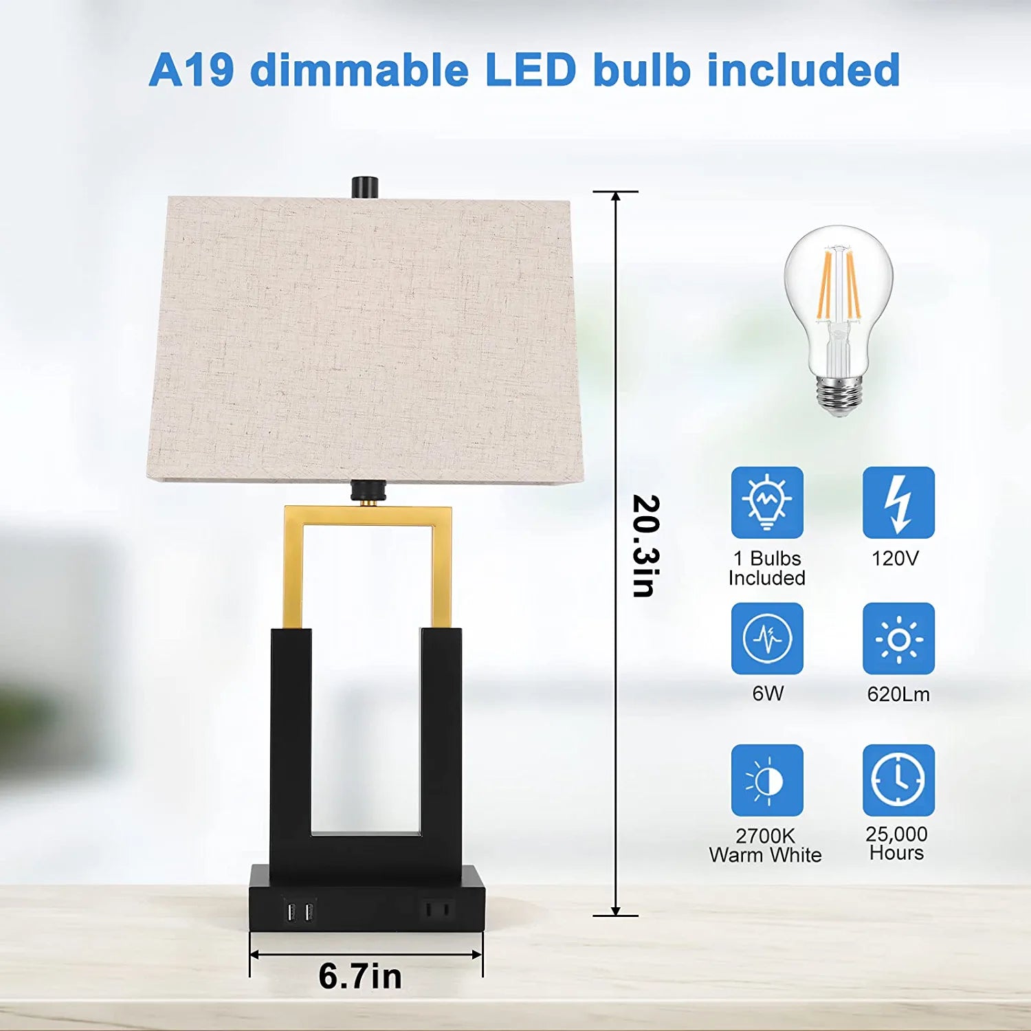 Touch Control Table Lamp with USB Charging Port, 3-Way Dimmable Desk Lamp Modern Nightstand Lamp with Fabric Lampshade for Reading Living Room Office(Dimmable Bulb Included)