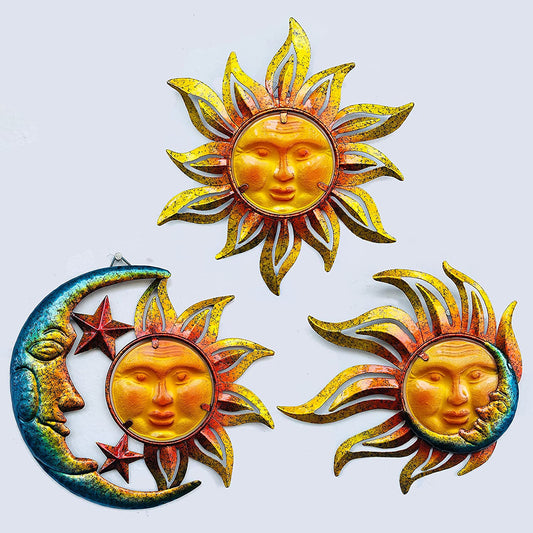 Sun Face Metal Wall Art Decor Outdoor Indoor, Sun Moon Star, Metal & Glass Hanging Wall Patio Decorations for Outdoor Living Room Bedroom Garden Porch Fence Balcony, Set of 3, 9 Inch Large.