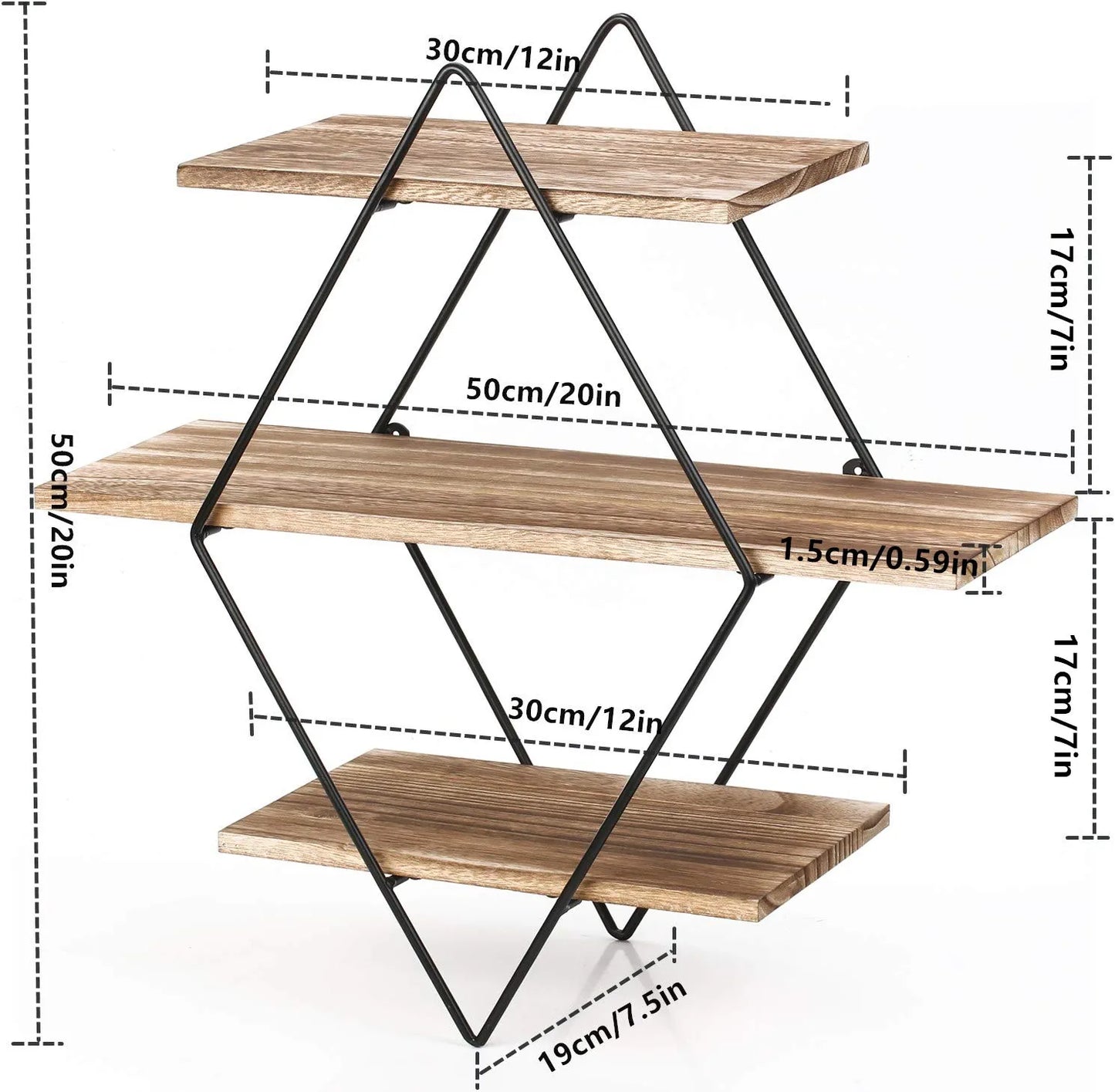 Floating Shelves, Rustic Wood Geometric Wall Shelf, 3 Tier Diamond Metal Storage Shelves for Bedroom, Bathroom, Living Room, Kitchen, Office, Black and Brown