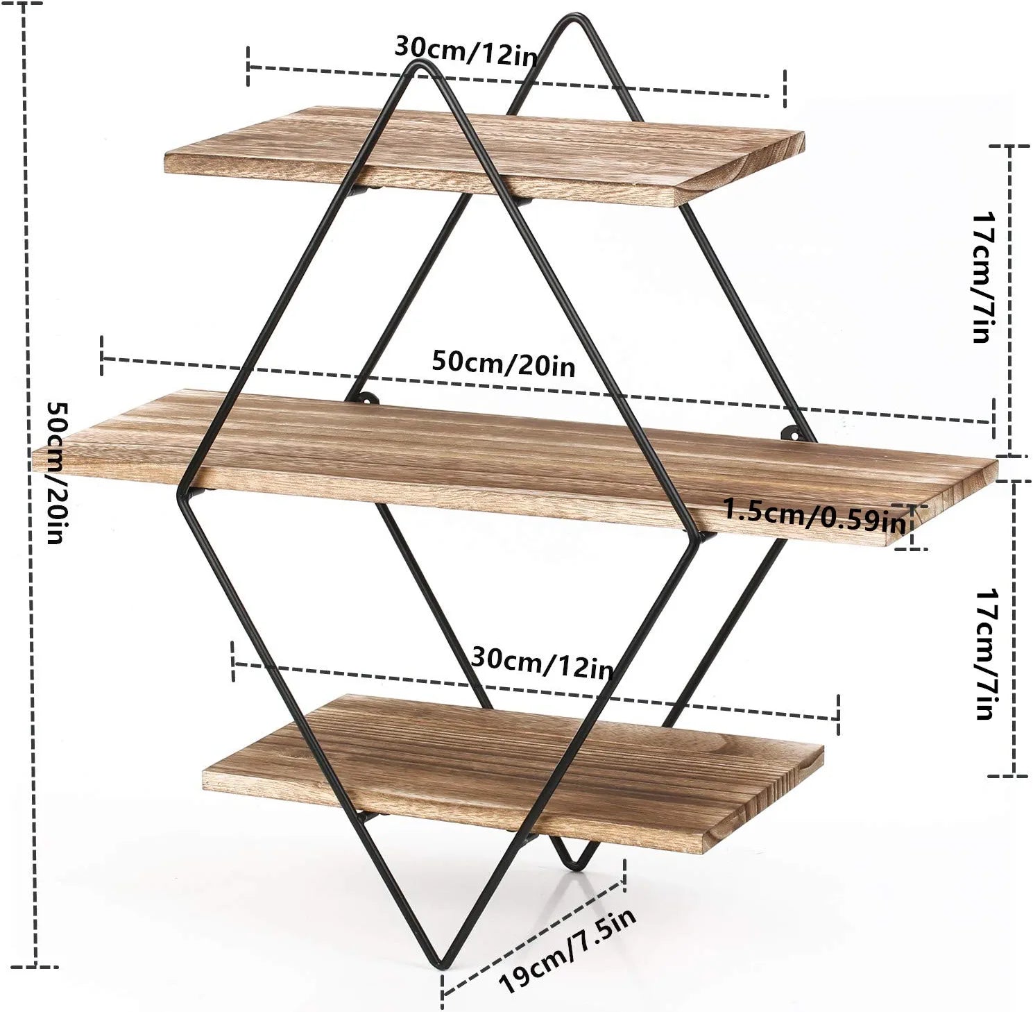 Floating Shelves, Rustic Wood Geometric Wall Shelf, 3 Tier Diamond Metal Storage Shelves for Bedroom, Bathroom, Living Room, Kitchen, Office, Black and Brown