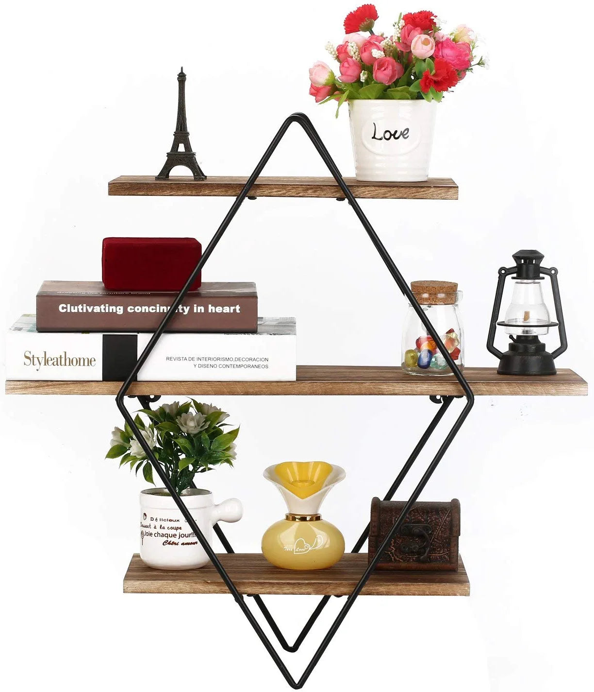 Floating Shelves, Rustic Wood Geometric Wall Shelf, 3 Tier Diamond Metal Storage Shelves for Bedroom, Bathroom, Living Room, Kitchen, Office, Black and Brown
