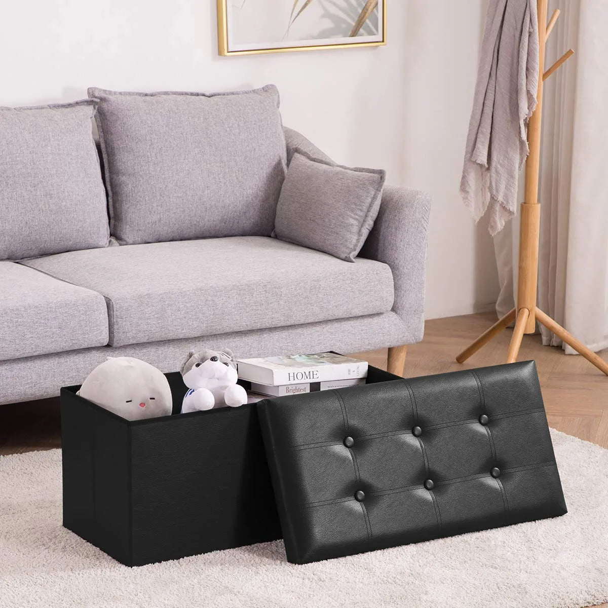 Youdesure Folding Storage Ottoman Bench, Faux Leather Footrest Couch for Living Room, 30 Inch Storage Bench with Padded Seat for Bedroom Hallway, Holds up to 350Lbs, Black