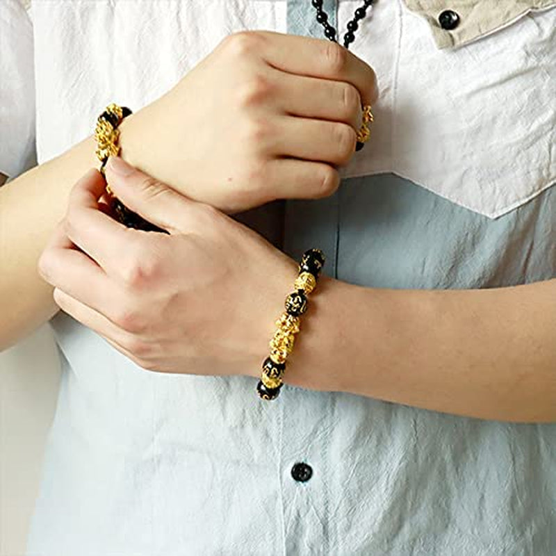 Feng Shui Black Obsidian Wealth Bracelet for Women Men Adjustable Elastic Leather Jewerly