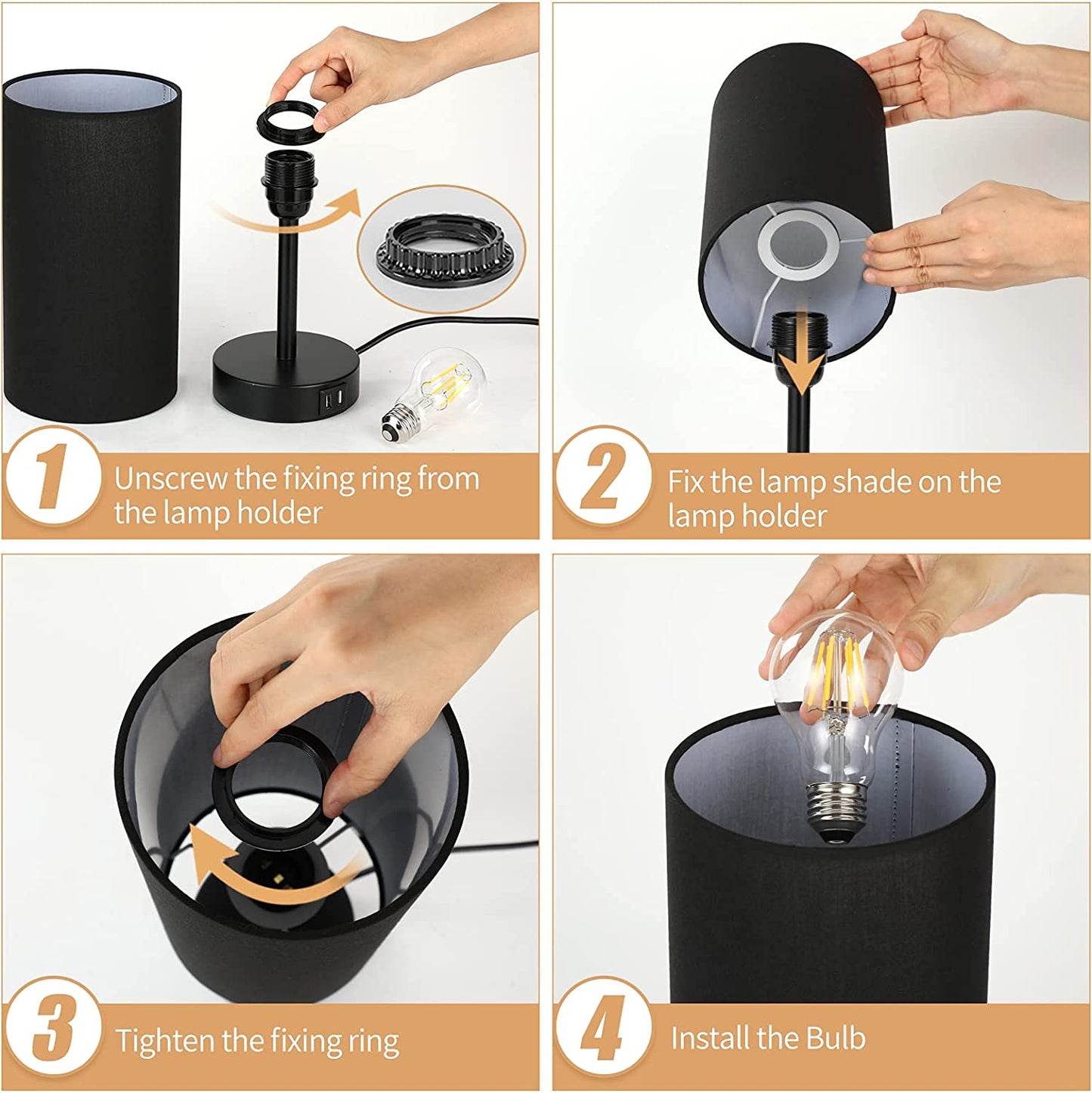 Bedside Lamp with USB Port - Touch Control Table Lamp for Bedroom 3 Way Dimmable Nightstand Lamp with round Black Fabric Shade for Living Room, Dorm, Home Office (LED Bulb Included)