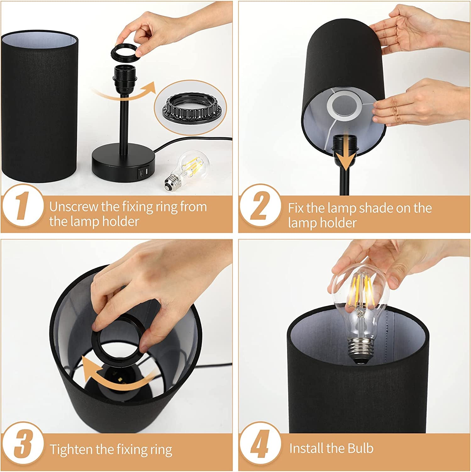 Bedside Lamp with USB Port - Touch Control Table Lamp for Bedroom 3 Way Dimmable Nightstand Lamp with round Black Fabric Shade for Living Room, Dorm, Home Office (LED Bulb Included)
