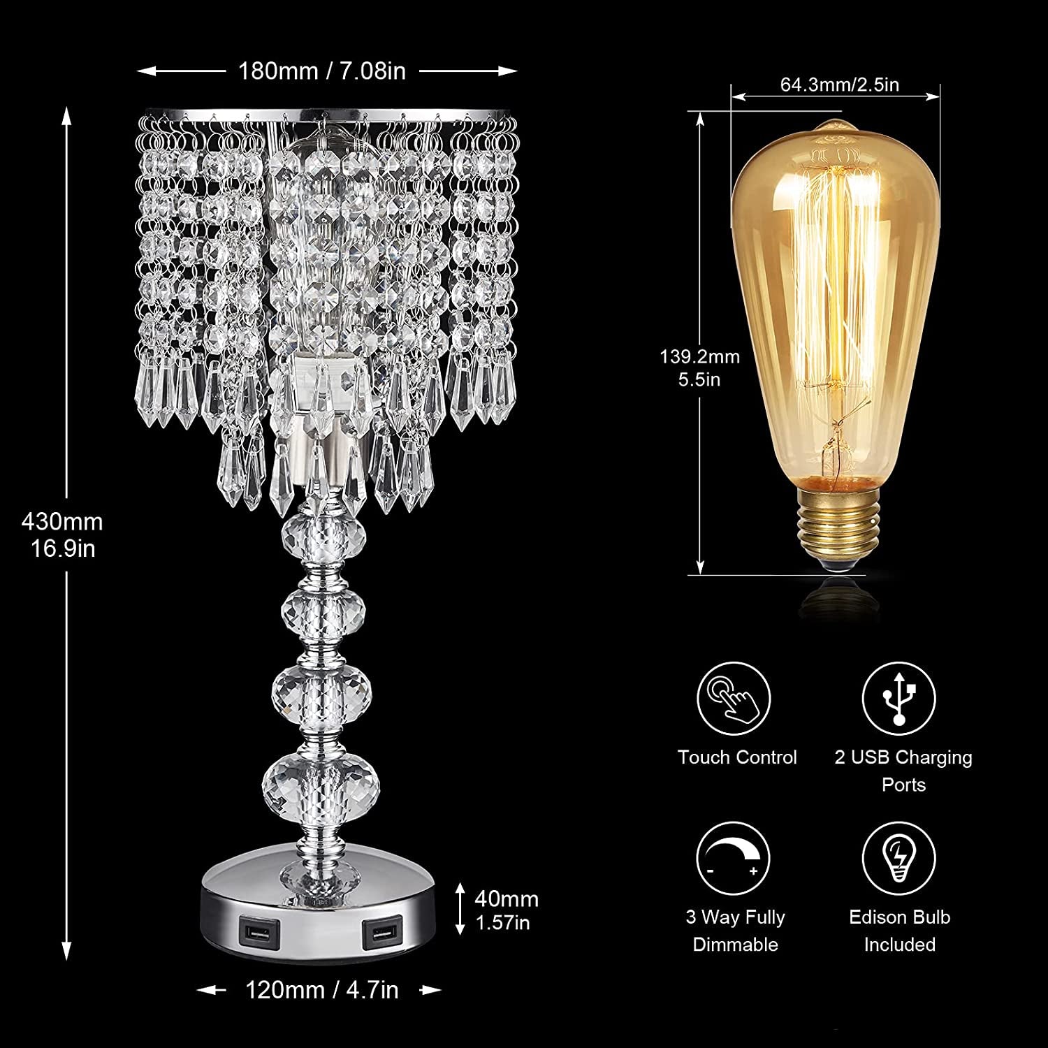 Crystal Table Bedside Lamp Touch Control, 3-Way Dimmable and Bulb Included,  Medium Nightstand Lamp with 2 USB Charging Ports, Decorative Tabletop Lamp for Bedroom, Living Room and Guest Room
