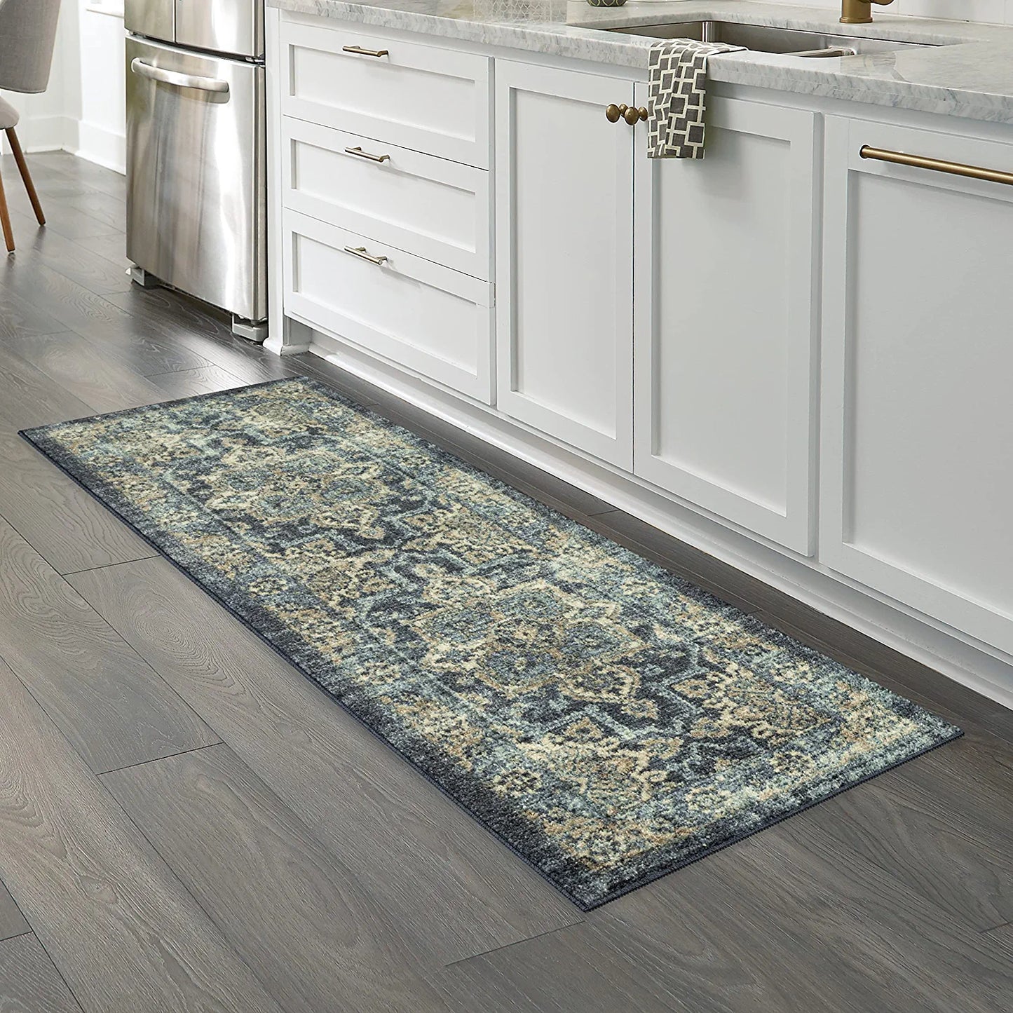 Maples Rugs Ava Traditional Tapestry Hallway Entryway Runner Non Skid Runner Rug [Made in USA], Persian Blue, 2' X 6'