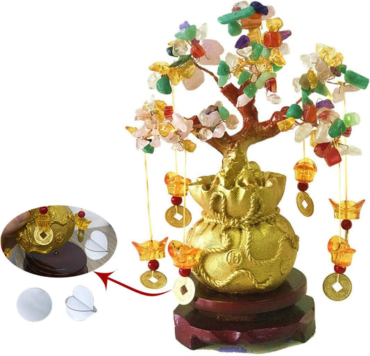 Money Tree, Chinese Tabletop Decorations, Feng Shui Artificial Bonsai Tree Lucky Tree Bonsai Style with 2Pcs Nano Glue for Wealth and Good Luck (Colorful)