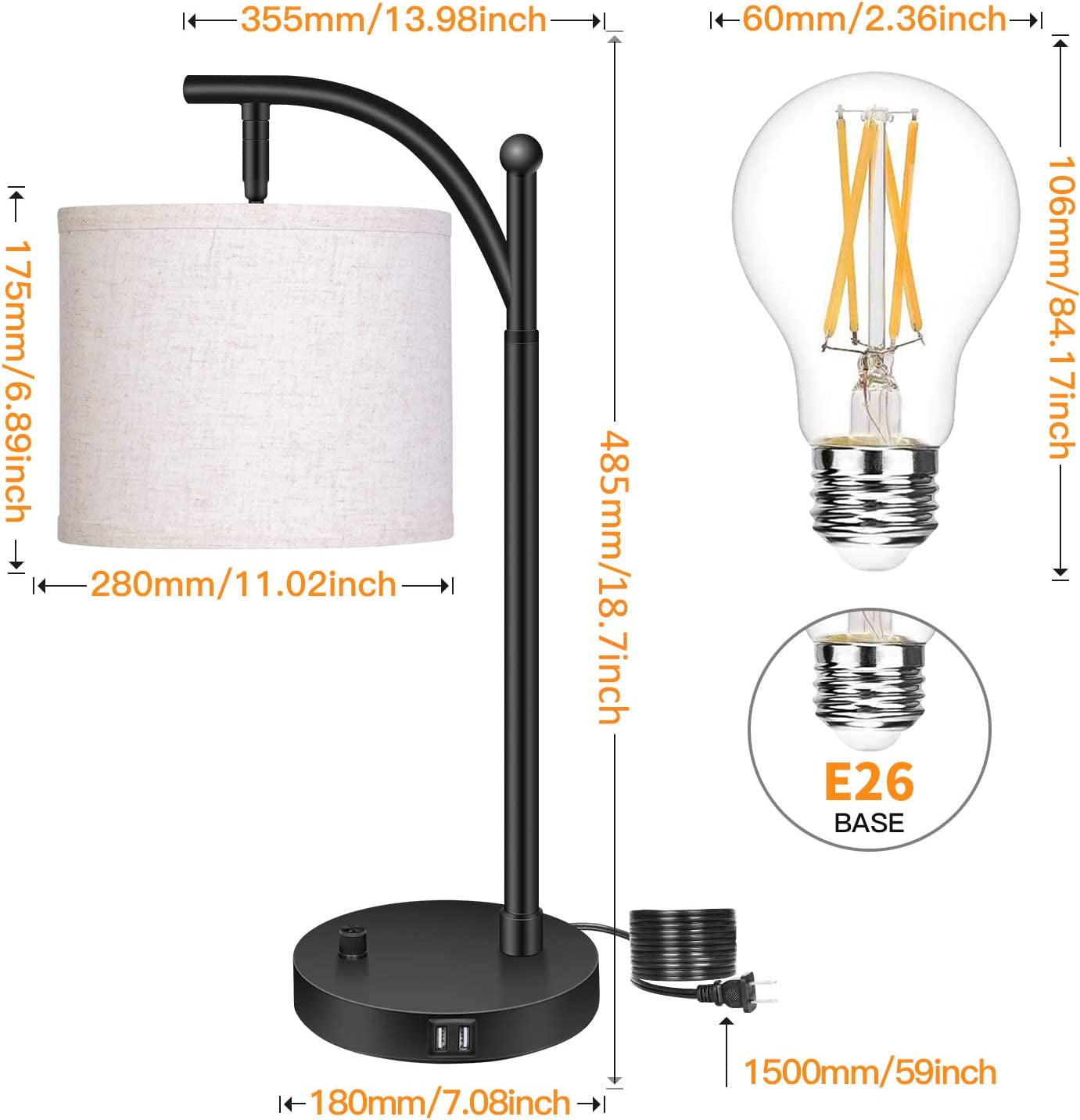 Bedside Lamp with USB Ports(Dual), Stepless Dimmable, Warm Light, Rotary Switch Control,  Eye-Caring Nightstand Lamp, Fabric Lampshade, Bulb Included,Side Table Lamp for Bedroom,Need Installation