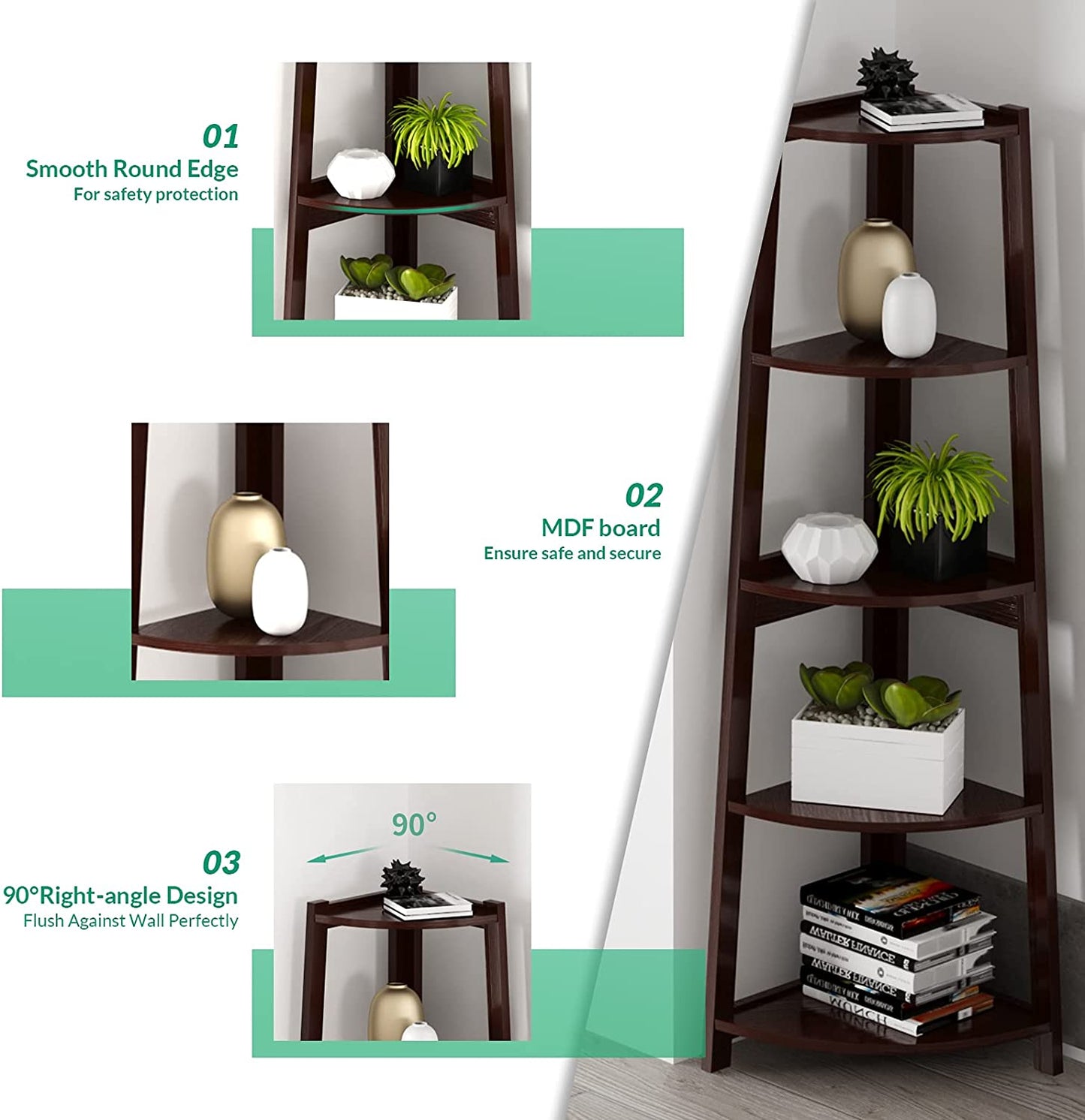 5 Tier Corner Shelf – Modern Wall Corner Storage Rack Plant Stand Small Bookshelf - Freestanding Ladder Shelf Display Organizer for Living Room, Kitchen, Home Office, Small Space (Coffee)