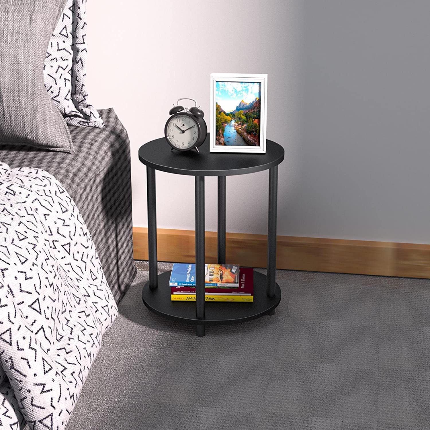 Small round Side Table, 2 Tier Black Wooden End Table/Bed Side Table/Nightstand for Living Room/Bedroom/Small Space,15.6"(D)*19.72"(H),Metal Legs