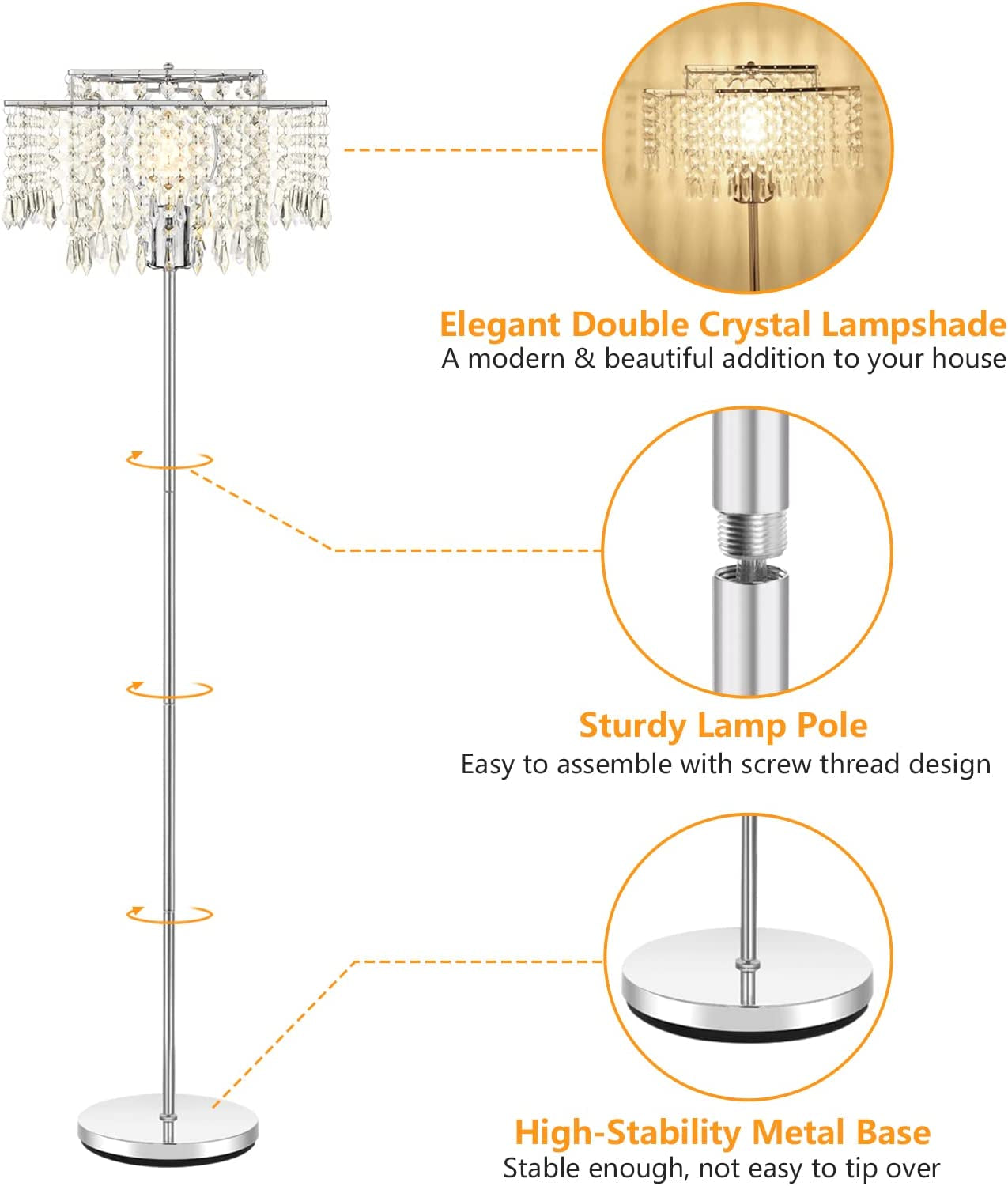 Double-Layer Lampshade Crystal Floor Lamp for Bedroom Modern Floor Lamp for Living Room,Elegant Standing Lamp,61.57" Tall Pole Lamp,Suitable for Bedroom,Living Room,Office,6W LED Bulb Included,Silver