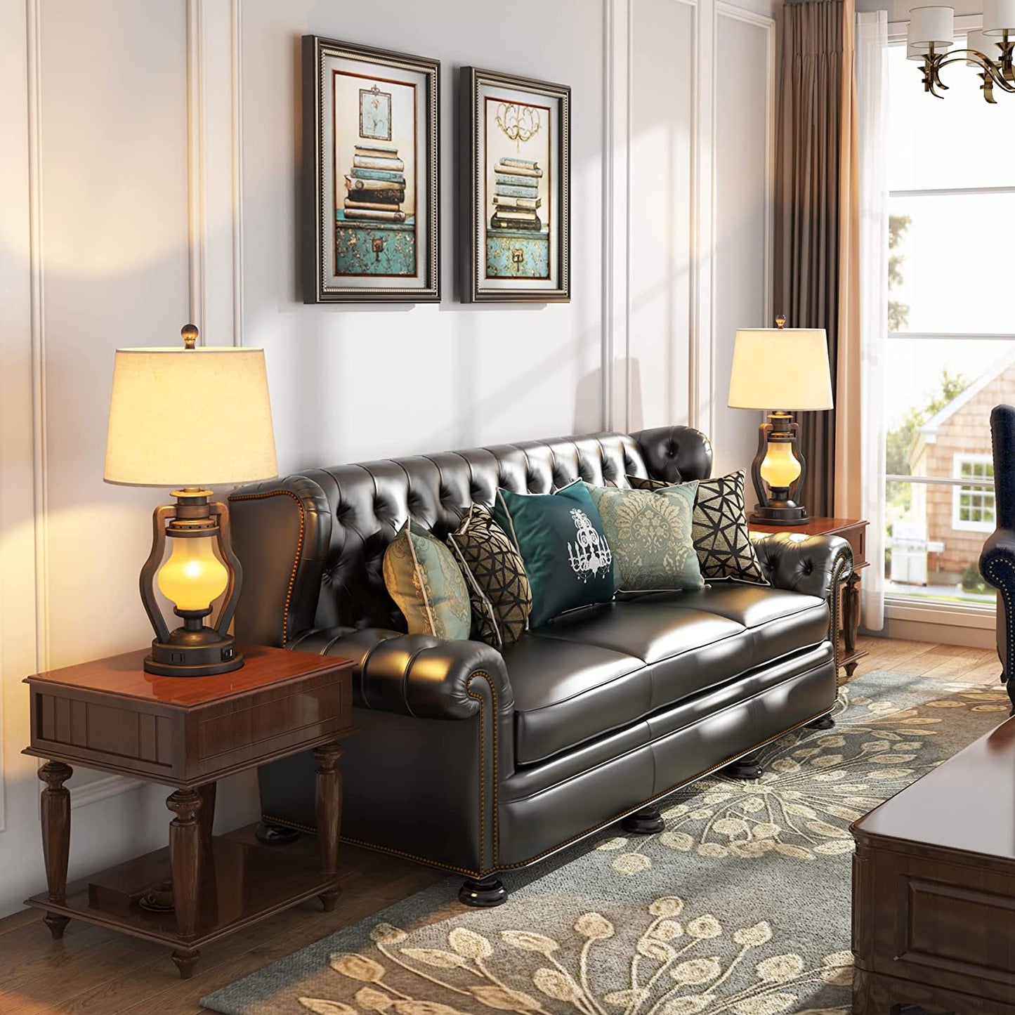 Farmhouse Table Lamps Set of 2 with Nightlight, Lantern Bedside Lamp with 2 USB Port and Outlet, 24 Inch Rustic Nightstand Lamp with Tapered Drum Shade for Living Room Bedroom, Bulbs Included