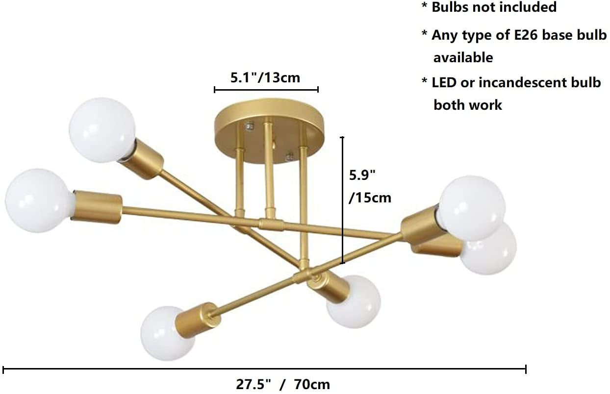 Dellemade Modern Sputnik Chandelier, 6-Light Ceiling Light for Bedroom,Dining Room,Kitchen,Office (Gold)