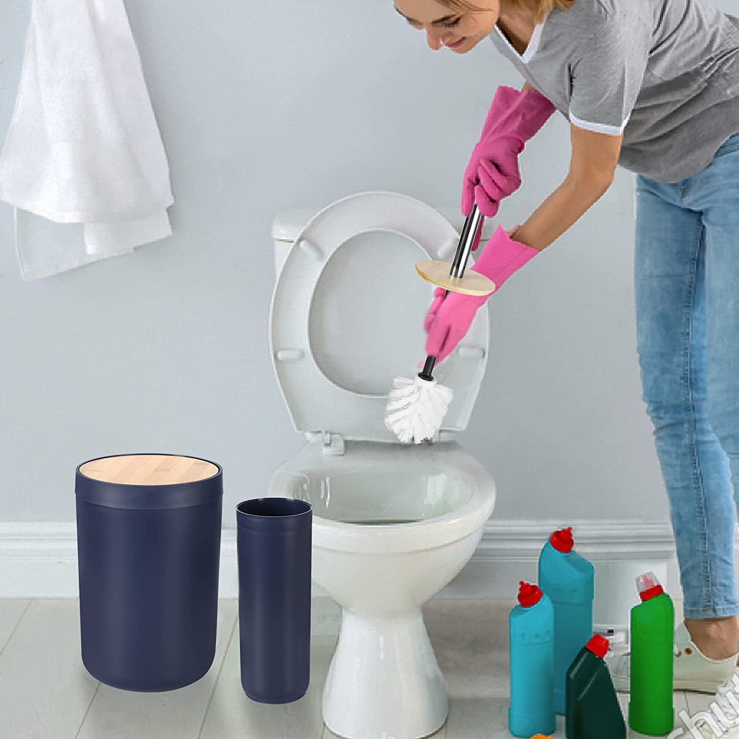 8Pcs Navy Blue Bathroom Accessories Set - with Trash Can Toothbrush Holder Soap Dispenser Soap and Lotion Set Tumbler Cup…