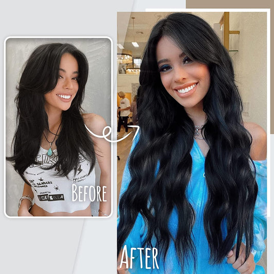 Black Hair Extension for Women Natural Synthetic Clip in Hair Extensions 4PCS Thick Hairpieces Double Weft