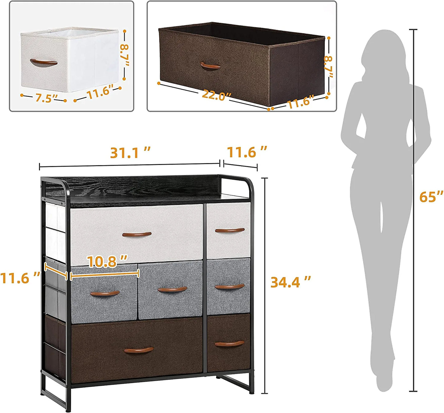 Dresser with 7 Drawers, Tall Dresser with Wood Top, 3-Tier Dresser Changeable Fabric Dresser Organizer Unit for Bedroom/Living Room/Closets，Multicolor