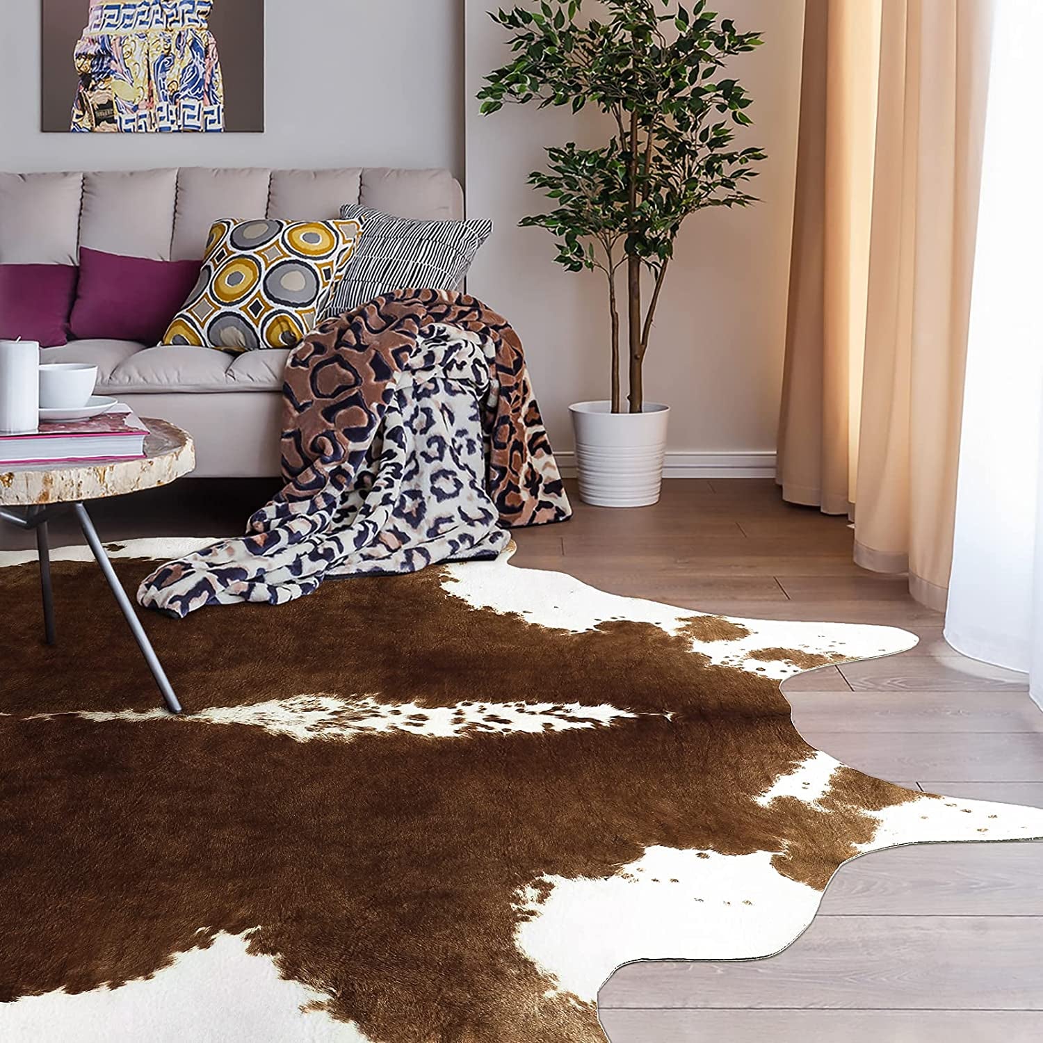 Premium Faux Cowhide Rug 4.6 X 5.2 Feet, Durable and Large Size Cow Print Rugs, Suitable for Bedroom Living Room Western Decor, Faux Fur Animal Cow Hide Carpet, Brown