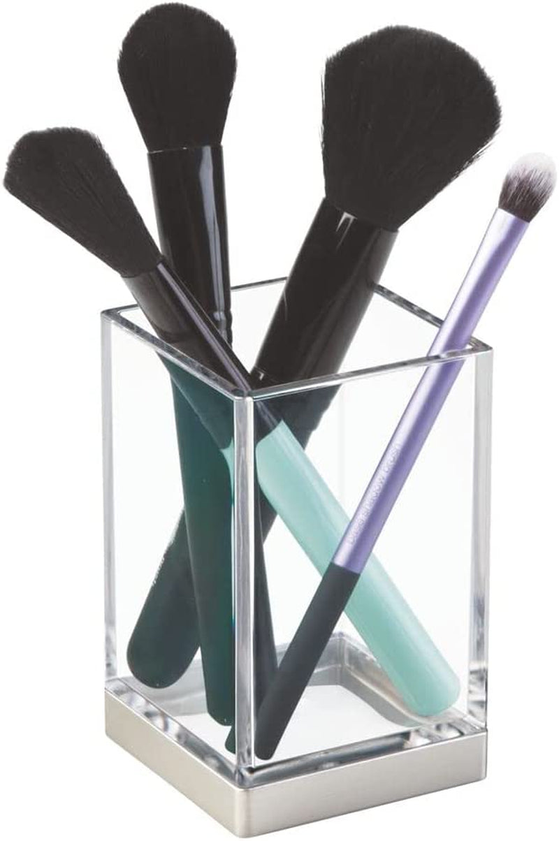 Mdesign Plastic Bathroom Vanity Counter Organizers, Dispenser Pump, Toothbrush Stand, Storage Jar, Soap Dish, for Cotton Swabs, Toothpaste, Makeup, Lumiere Collection, Clear/Brushed Chrome