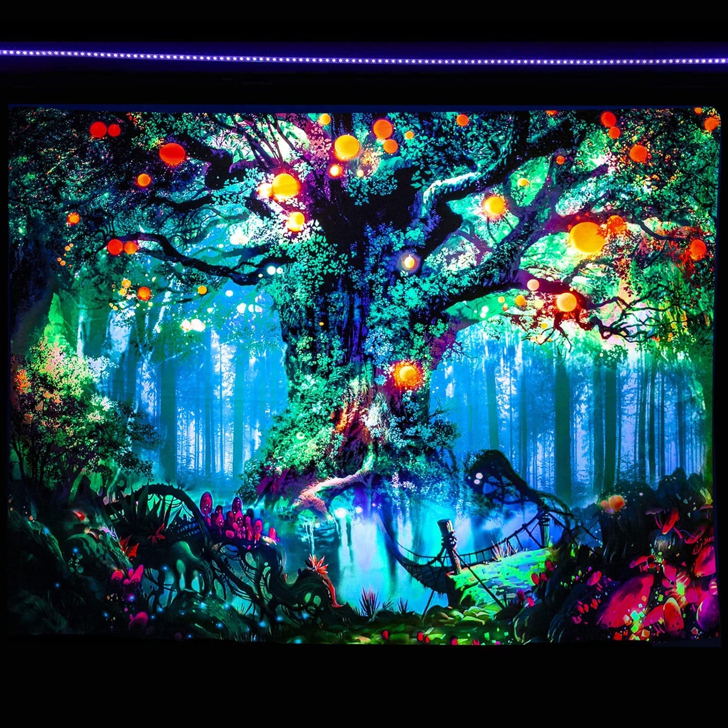 Blacklight Tapestry UV Reactive Tree of Life Tapestry Wall Hanging, Fantasy Forest Tapestries with Fairy Tales Tapestry Posters Trippy Mushroom Tapestry for Bedroom Glow in the Dark (59.1 in X 82.7 In)