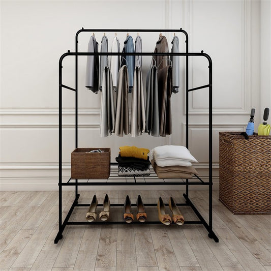 Garment Rack Freestanding Hanger Double Pole Multi-functional Bedroom Clothing Rack,Metal Clothing Garment Rack with Shelves,Black