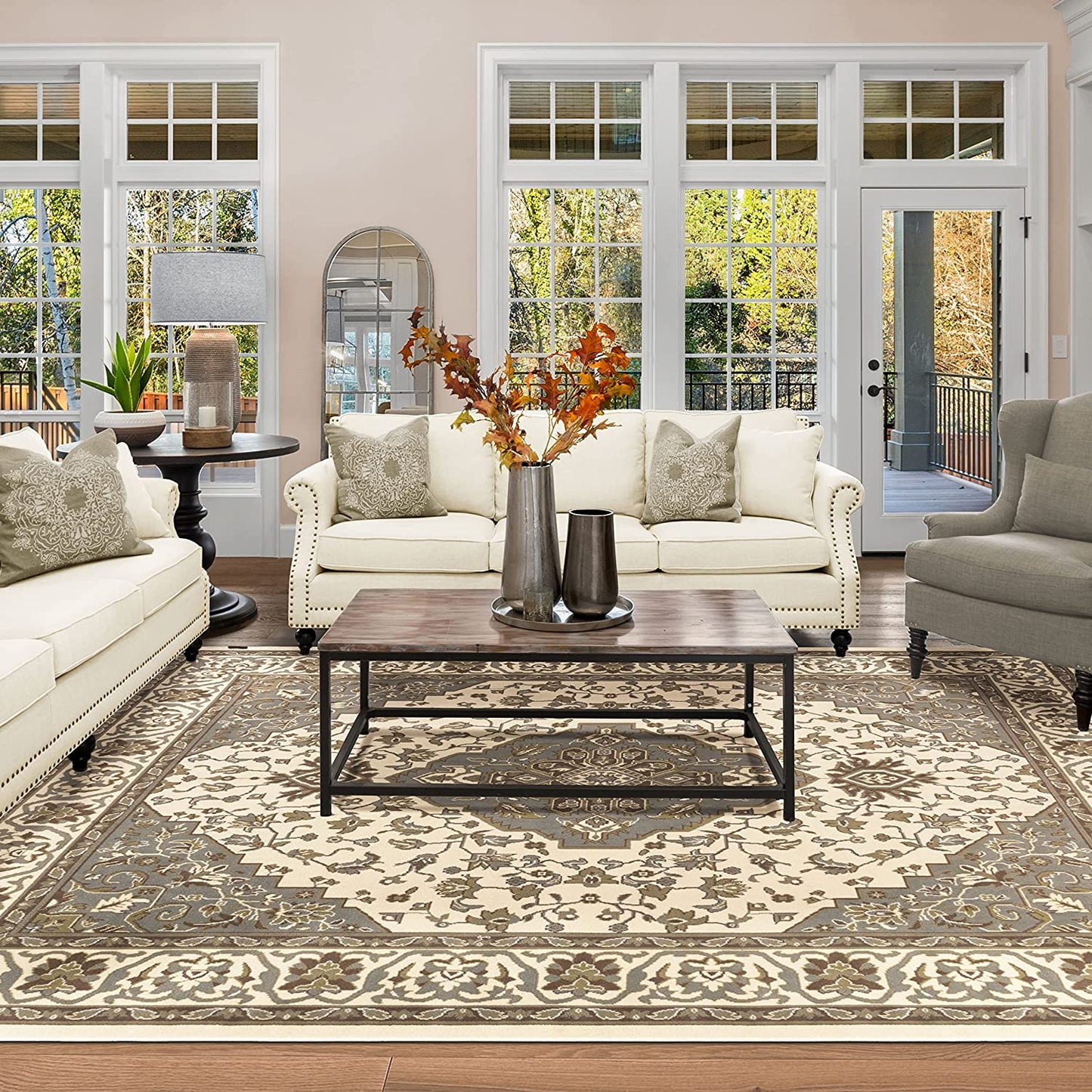 SUPERIOR Glendale Traditional Floral Medallion Polypropylene Indoor Area Rug with Jute Backing, 4' X 6', Green