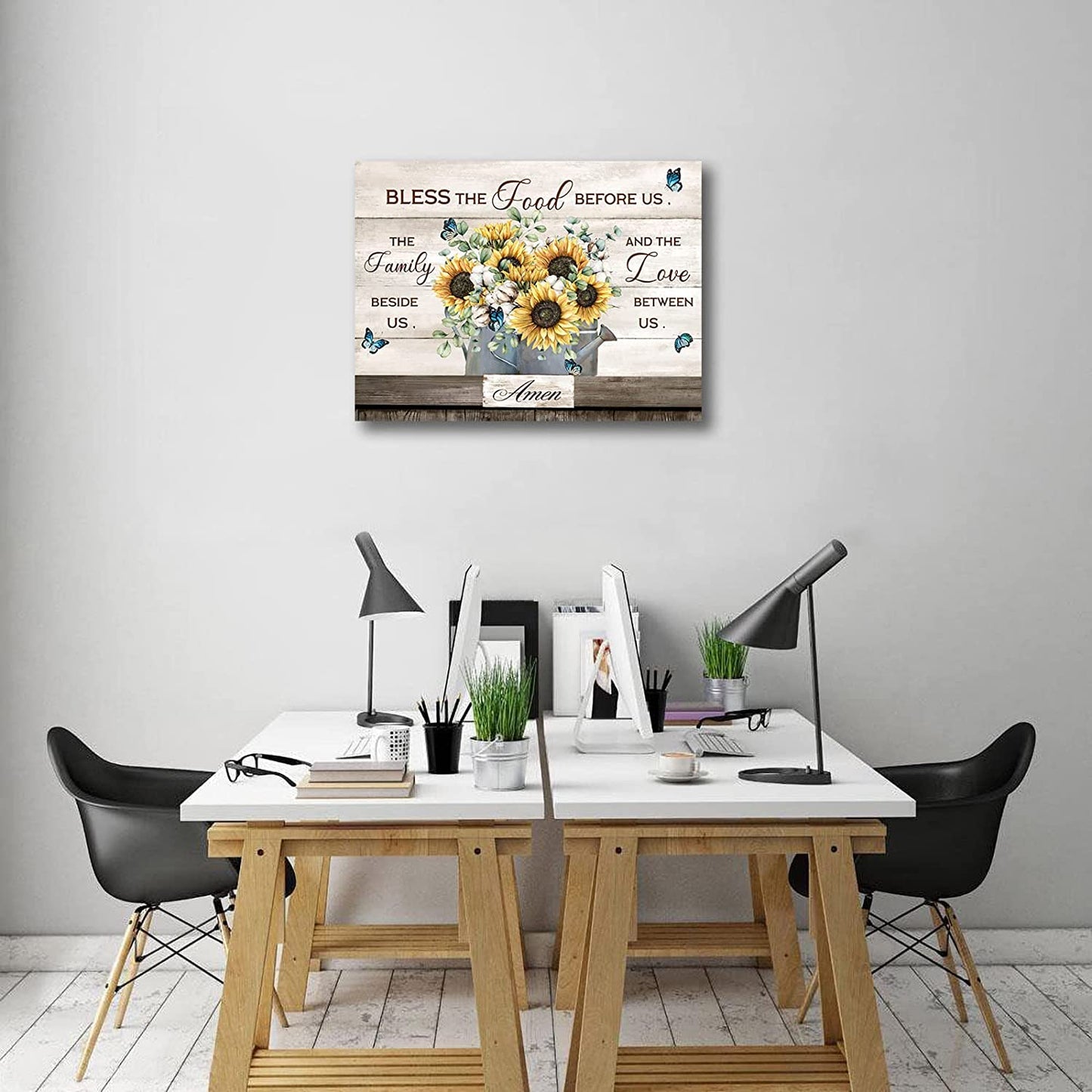 Flowers Canvas Wall Art Inspirational Quotes Canvas Pictures Farmhouse Sunflower Artwork Wall Decor Bless the Food before Us Prints for Kitchen Living Room Bedroom Dinning Home Decor Framed 12" X16"