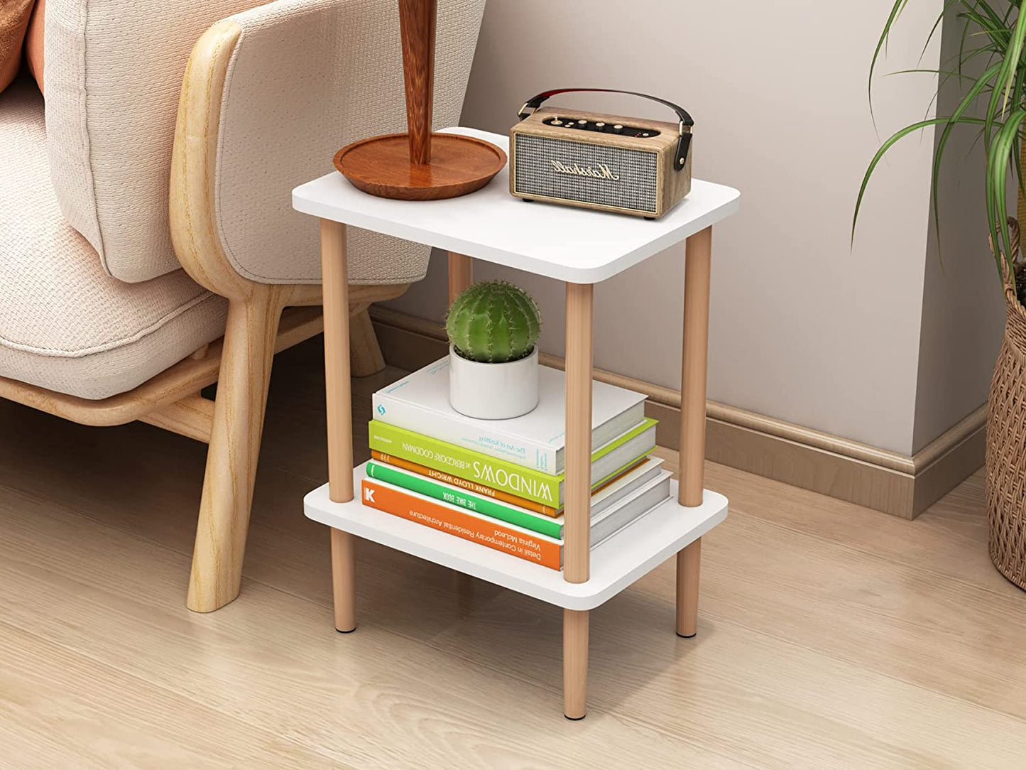 Side Tables Set of 2, Tall End Tables with Storage Rack, Wooden Nightstands Bedside Tables for Living Room Bedroom Office No-Tool Assembly (White).