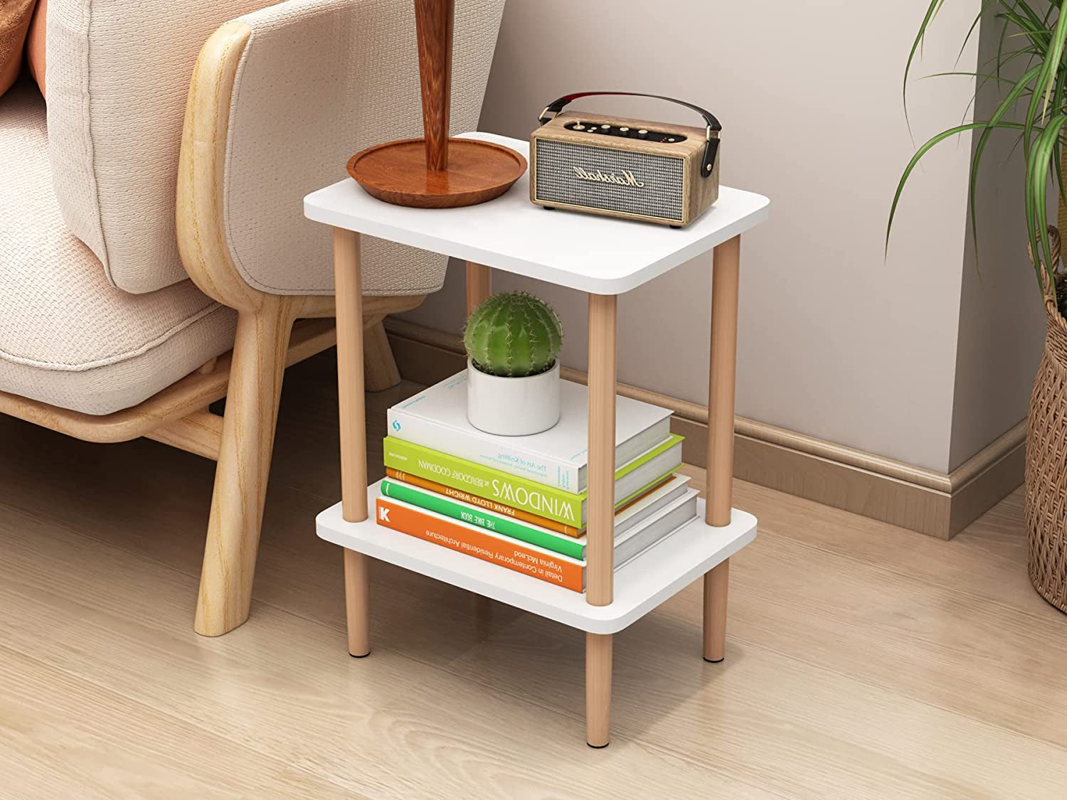 Side Tables Set of 2, Tall End Tables with Storage Rack, Wooden Nightstands Bedside Tables for Living Room Bedroom Office No-Tool Assembly (White).