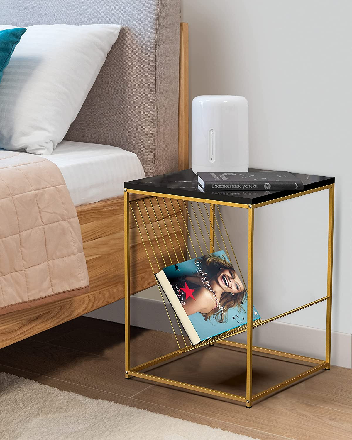 Modern Side End Tables with Faux Marble Top, Small Accent Coffee Table for Living Room Bedroom Balcony Family Nightstand (Black)