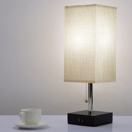Bedside Table Lamp - Pull Chain Table Lamp with 2 USB Charging Ports, Solid Bedroom Lamps with Gray Fabric Shade Nightstand Light for Living Room, Office, Reading (LED Bulb Included)