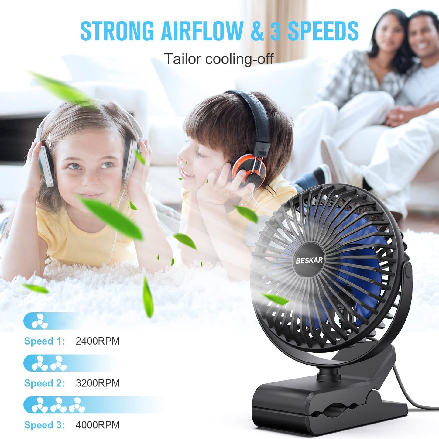 USB Powered Clip on Fan, 6 Inch Portable Fan with Cord, 3 Speeds Strong Airflow, Small Fan with Sturdy Clamp, Quiet Personal Desk Fan & Clip Fan