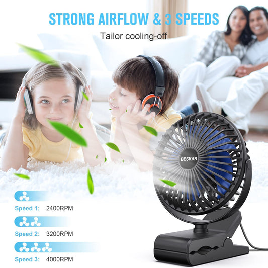 USB Powered Clip on Fan, 6 Inch Portable Fan with Cord, 3 Speeds Strong Airflow, Small Fan with Sturdy Clamp, Quiet Personal Desk Fan & Clip Fan
