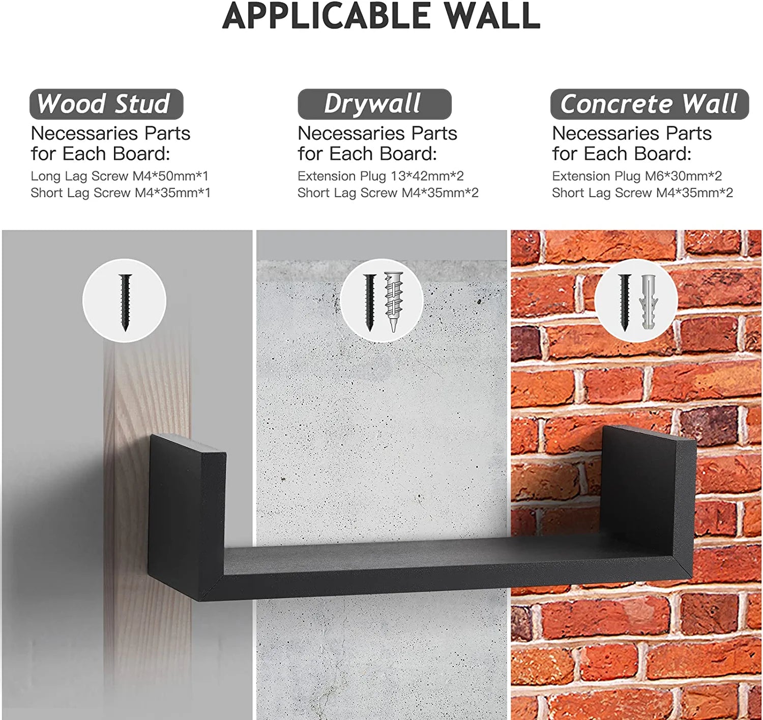 Floating Shelves U-Shaped, Wall Shelf 3 Sizes, Black Floating Shelves for Bathroom/Bedroom/Living Room/Kitchen - AMFS13-B