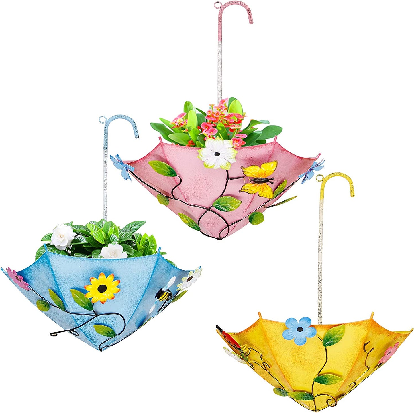 3 Pack Metal Umbrella Hanging Planter Wall Decor, Inspirational Plant Hanger Wall Art Indoor Outdoor for Home Bedroom Living Room Office Garden, 12.6 Inches