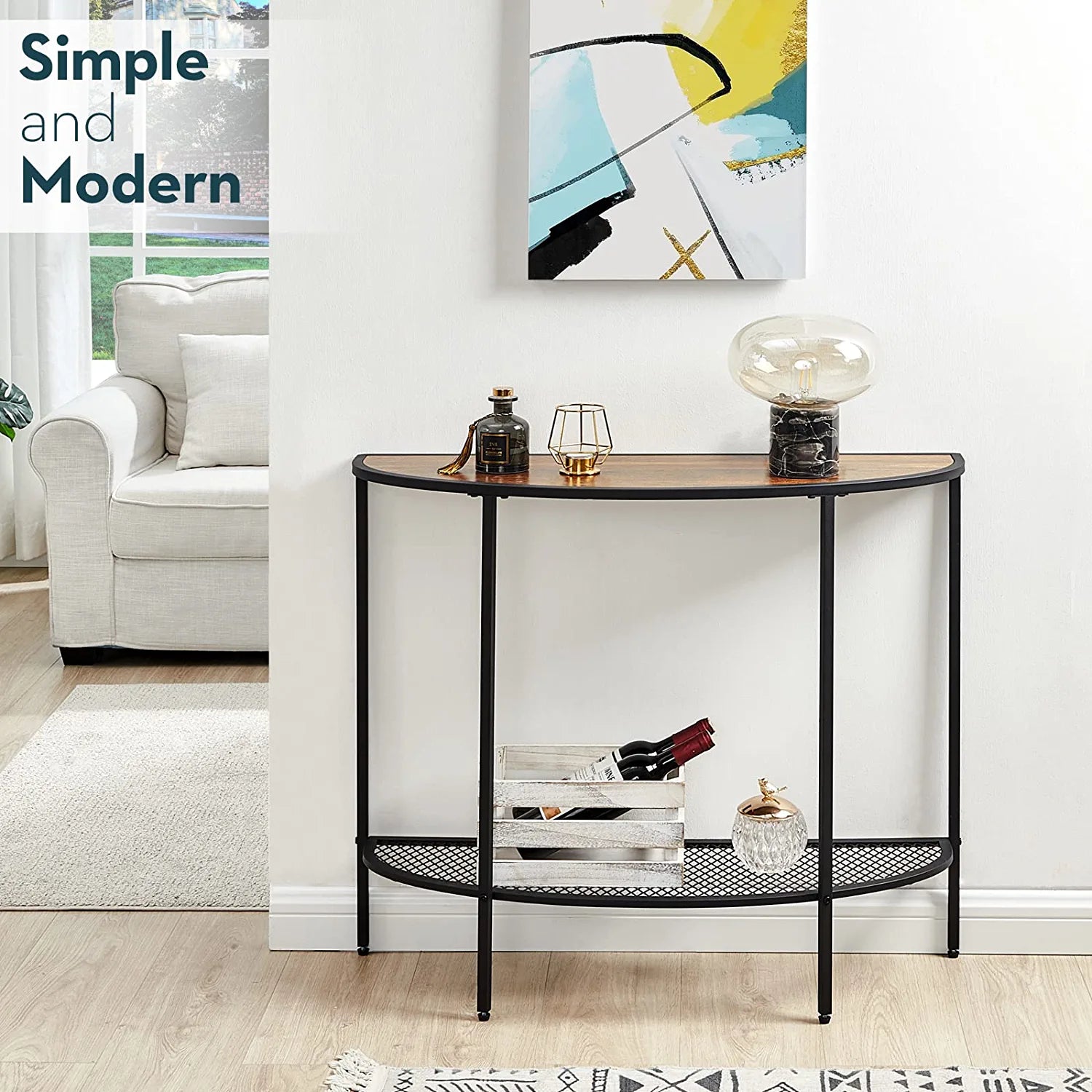 Console Table 2 Tier Narrow Entryway Table with Storage Shelves Half Moon Sofa Couch Table Industrial Small Entry Way Tables for Living Room Bedroom Hallway Office Easy Assembly, Walnut Black
