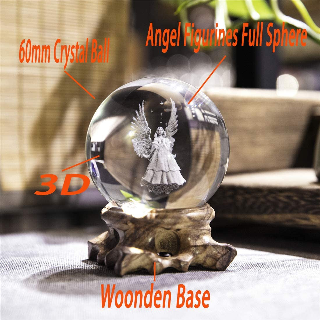 3D Angel Figurines Full Sphere Crystal Ball Laser Engraved Paperweight Home Art Decor Crafts(Clear)