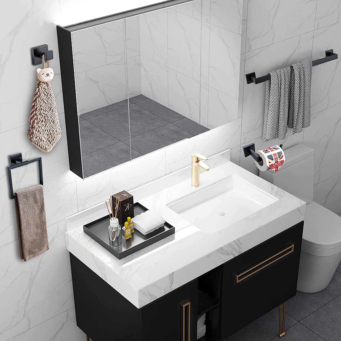 Bathroom Towel Bar Sets Matte Black 4-Piece Bathroom Hardware Set Stainless Steel Bath Accessories Kit. Wall Mounted,23.6 Inch