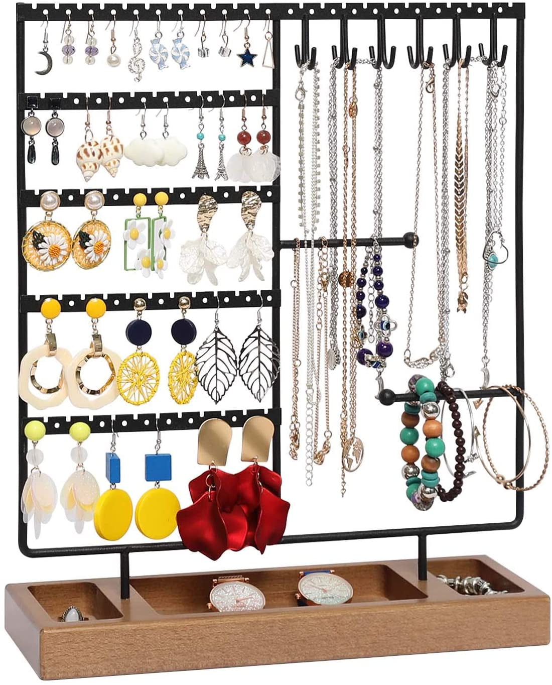 X-Cosrack Earring Holder,5-Tier Ear Stud Holder with Wooden Tray,Jewelry Organizer Holder for Earrings Necklaces Bracelets Watches and Rings,Earring Display Stand with 132 Holes,Black