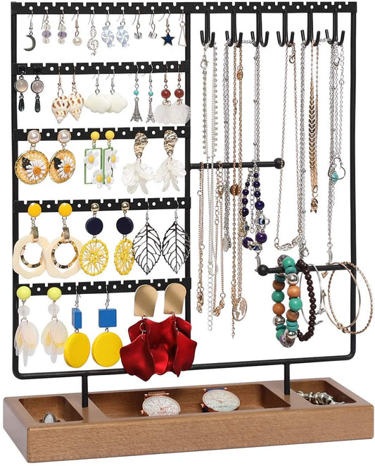 X-Cosrack Earring Holder,5-Tier Ear Stud Holder with Wooden Tray,Jewelry Organizer Holder for Earrings Necklaces Bracelets Watches and Rings,Earring Display Stand with 132 Holes,Black