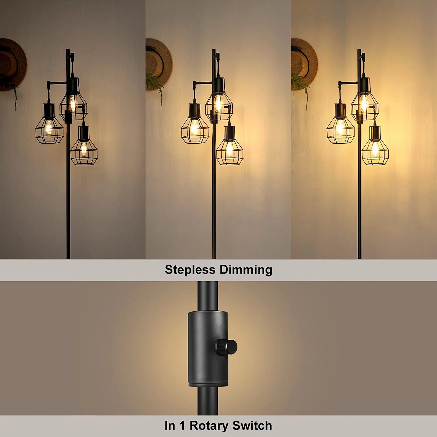 Industrial Floor Lamp, Dimmable Farmhouse Standing Lamp for Living Room, Sturdy Base, Rustic Tall Tree Reading Lamps Home Decor for Bedroom, Office, Black (3 LED Edison Bulbs Included)