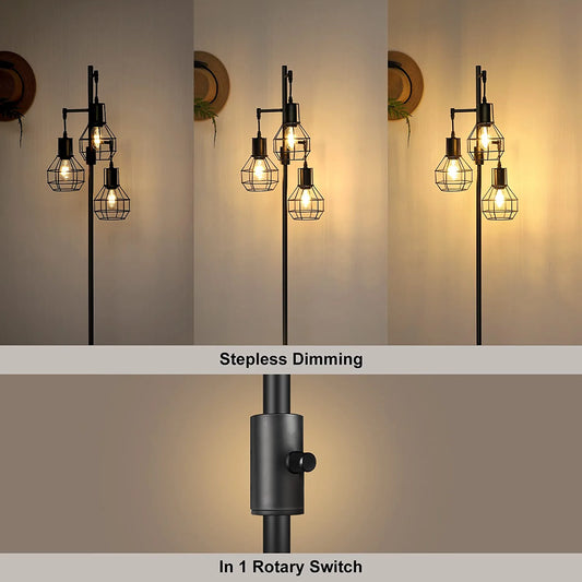 Industrial Floor Lamp, Dimmable Farmhouse Standing Lamp for Living Room, Sturdy Base, Rustic Tall Tree Reading Lamps Home Decor for Bedroom, Office, Black (3 LED Edison Bulbs Included)